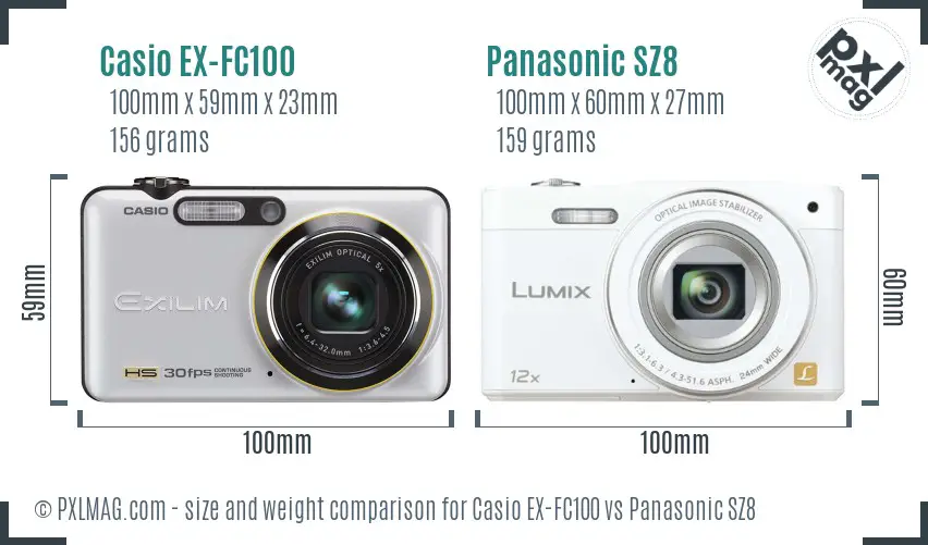 Casio EX-FC100 vs Panasonic SZ8 size comparison