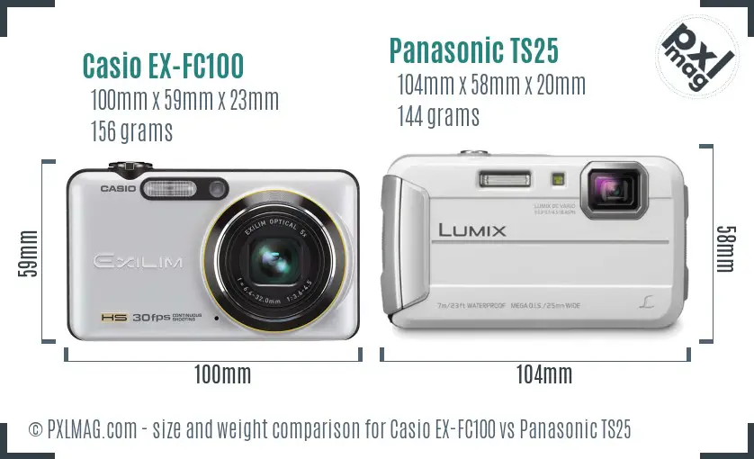Casio EX-FC100 vs Panasonic TS25 size comparison