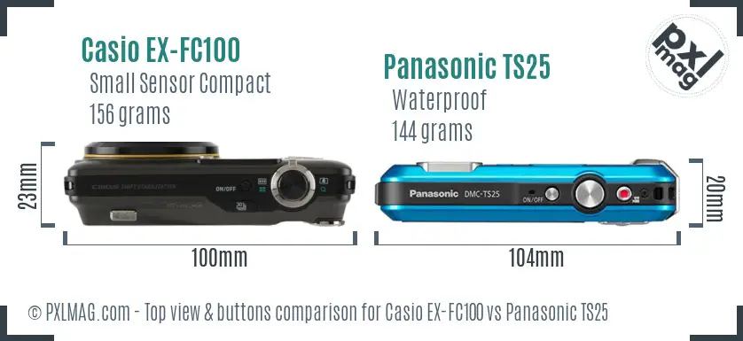 Casio EX-FC100 vs Panasonic TS25 top view buttons comparison