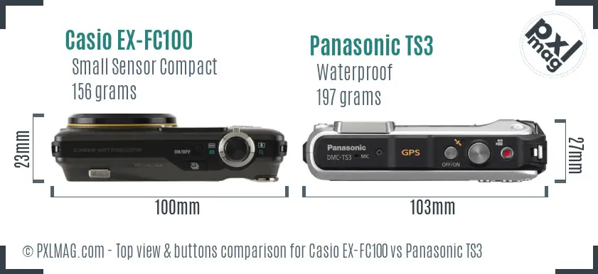 Casio EX-FC100 vs Panasonic TS3 top view buttons comparison