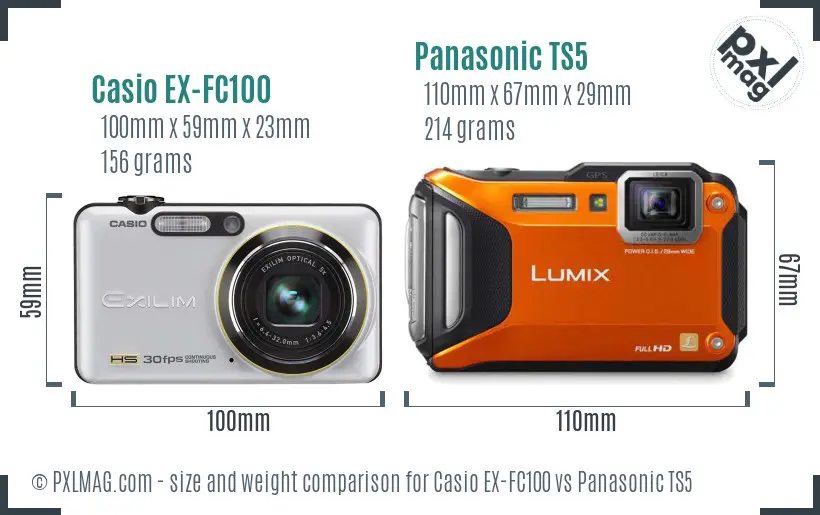 Casio EX-FC100 vs Panasonic TS5 size comparison