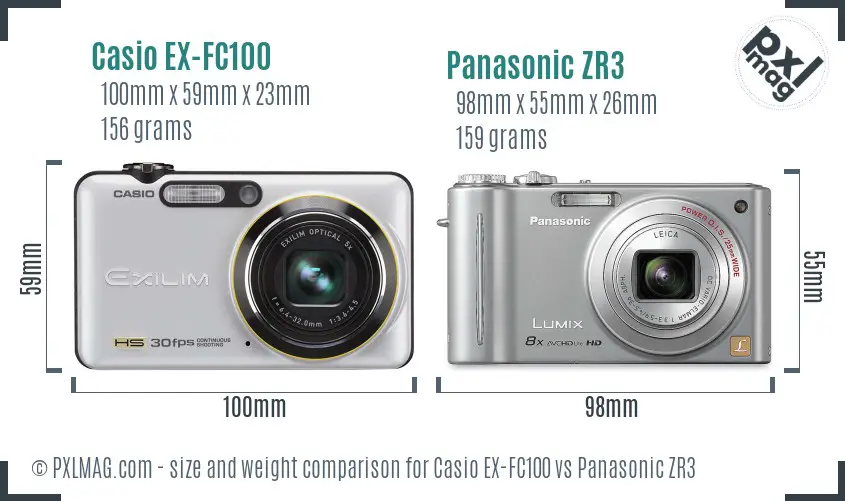 Casio EX-FC100 vs Panasonic ZR3 size comparison