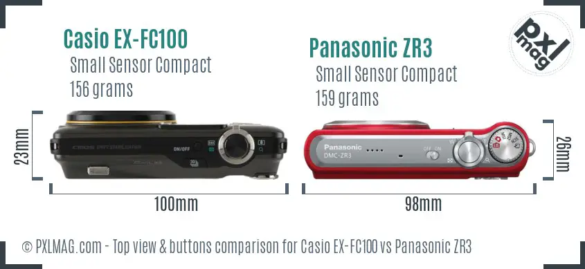 Casio EX-FC100 vs Panasonic ZR3 top view buttons comparison