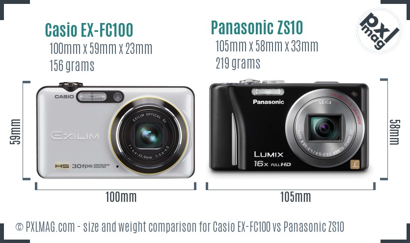 Casio EX-FC100 vs Panasonic ZS10 size comparison