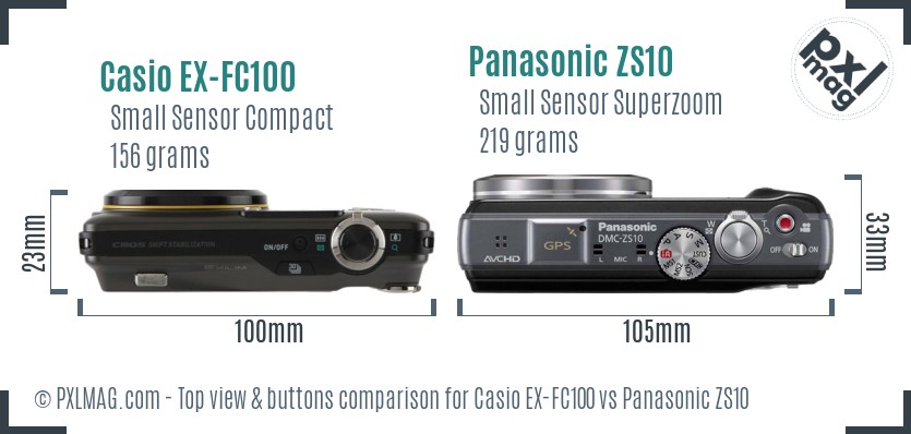 Casio EX-FC100 vs Panasonic ZS10 top view buttons comparison