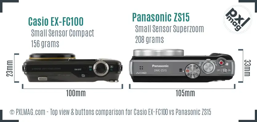 Casio EX-FC100 vs Panasonic ZS15 top view buttons comparison Casio EX-FC100 vs Panasonic ZS15 top view buttons comparison