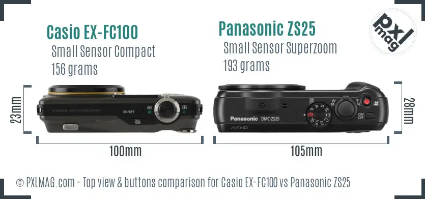Casio EX-FC100 vs Panasonic ZS25 top view buttons comparison Casio EX-FC100 vs Panasonic ZS25 top view buttons comparison
