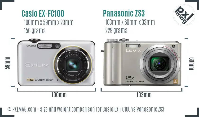 Casio EX-FC100 vs Panasonic ZS3 size comparison