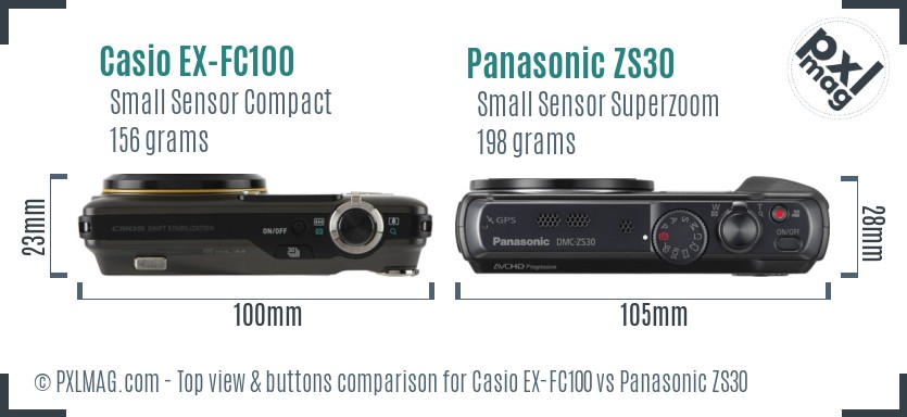 Casio EX-FC100 vs Panasonic ZS30 top view buttons comparison
