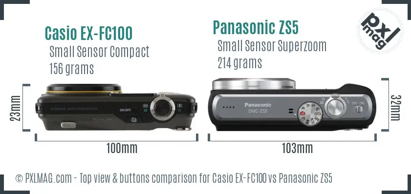Casio EX-FC100 vs Panasonic ZS5 top view buttons comparison Casio EX-FC100 vs Panasonic ZS5 top view buttons comparison