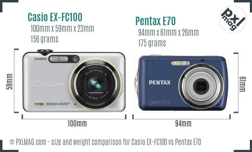 Casio EX-FC100 vs Pentax E70 size comparison