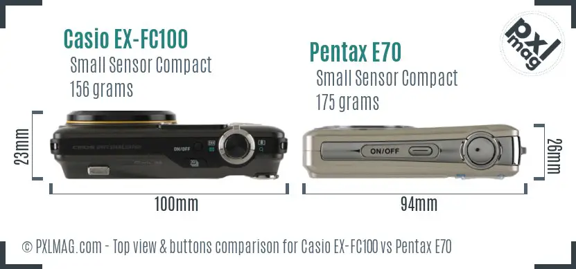 Casio EX-FC100 vs Pentax E70 top view buttons comparison