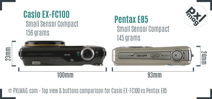 Casio EX-FC100 vs Pentax E85 top view buttons comparison