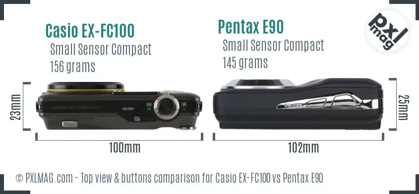 Casio EX-FC100 vs Pentax E90 top view buttons comparison