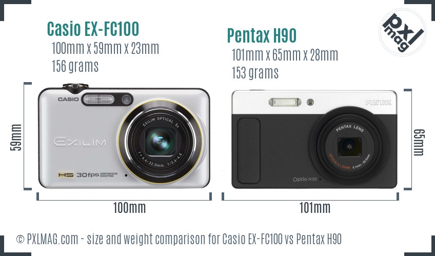 Casio EX-FC100 vs Pentax H90 size comparison