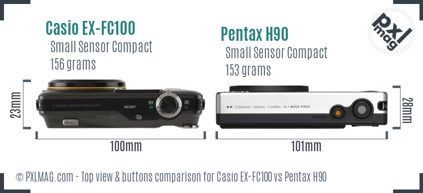Casio EX-FC100 vs Pentax H90 top view buttons comparison