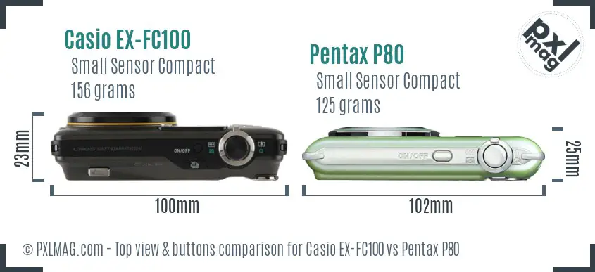 Casio EX-FC100 vs Pentax P80 top view buttons comparison