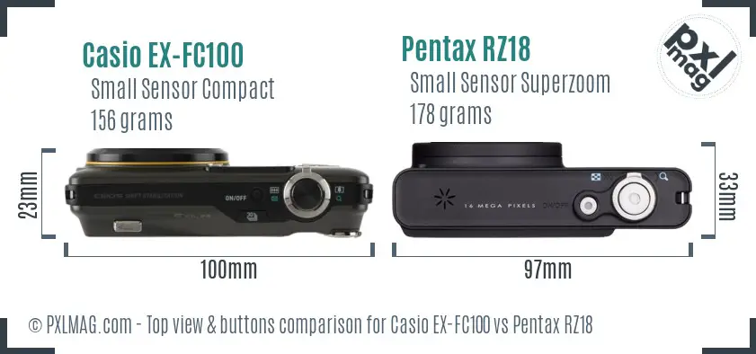 Casio EX-FC100 vs Pentax RZ18 top view buttons comparison Casio EX-FC100 vs Pentax RZ18 top view buttons comparison