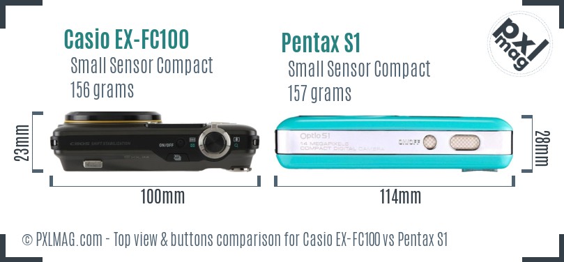 Casio EX-FC100 vs Pentax S1 top view buttons comparison