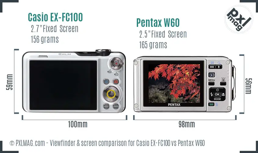 Casio EX-FC100 vs Pentax W60 Screen and Viewfinder comparison