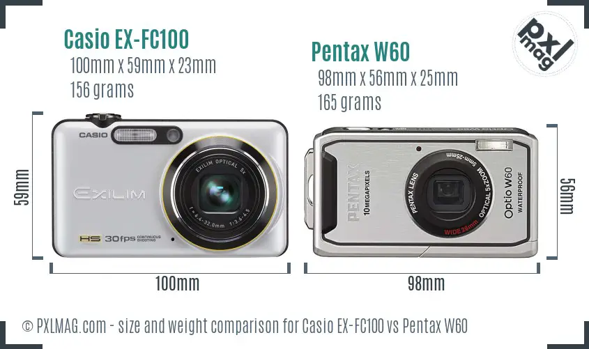 Casio EX-FC100 vs Pentax W60 size comparison