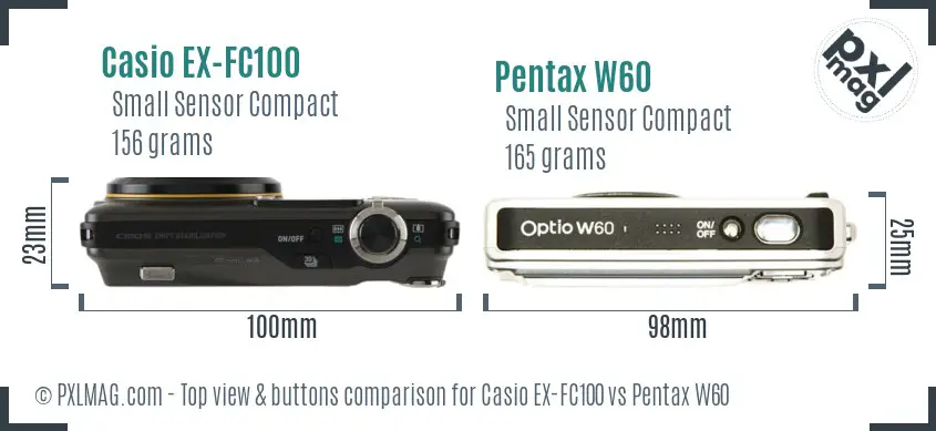 Casio EX-FC100 vs Pentax W60 top view buttons comparison