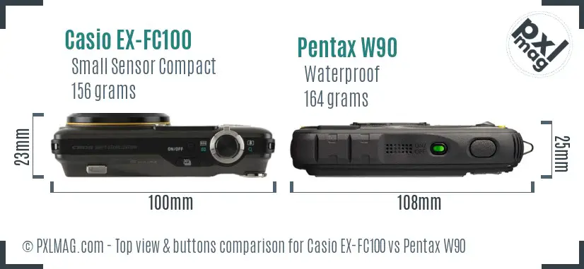 Casio EX-FC100 vs Pentax W90 top view buttons comparison Casio EX-FC100 vs Pentax W90 top view buttons comparison