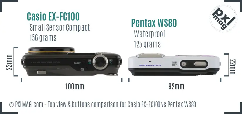 Casio EX-FC100 vs Pentax WS80 top view buttons comparison