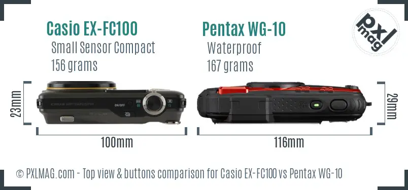 Casio EX-FC100 vs Pentax WG-10 top view buttons comparison