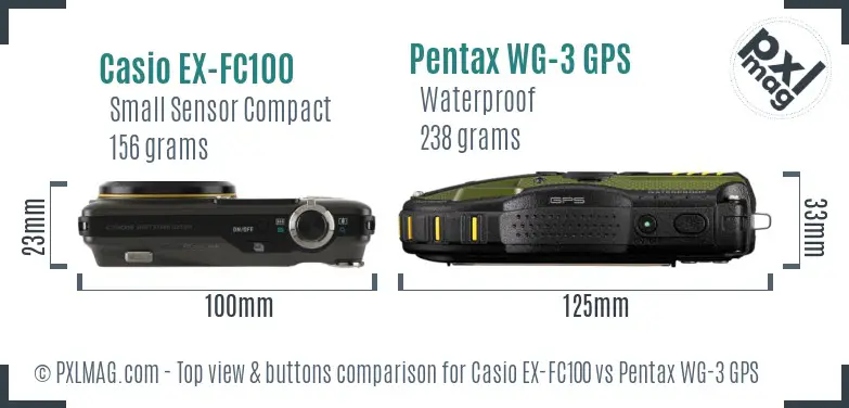 Casio EX-FC100 vs Pentax WG-3 GPS top view buttons comparison Casio EX-FC100 vs Pentax WG-3 GPS top view buttons comparison