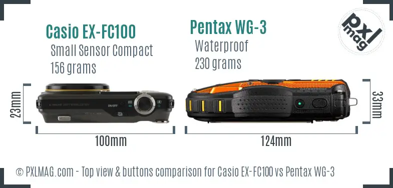 Casio EX-FC100 vs Pentax WG-3 top view buttons comparison