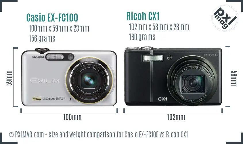 Casio EX-FC100 vs Ricoh CX1 size comparison