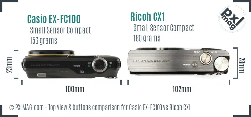Casio EX-FC100 vs Ricoh CX1 top view buttons comparison