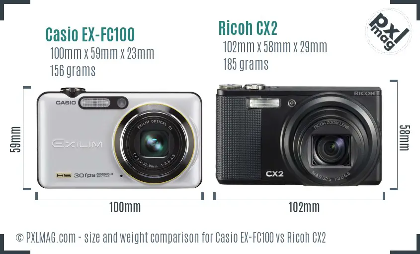 Casio EX-FC100 vs Ricoh CX2 size comparison