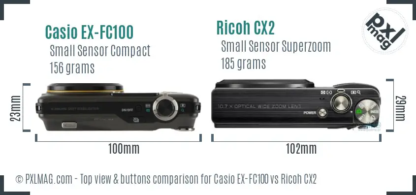 Casio EX-FC100 vs Ricoh CX2 top view buttons comparison