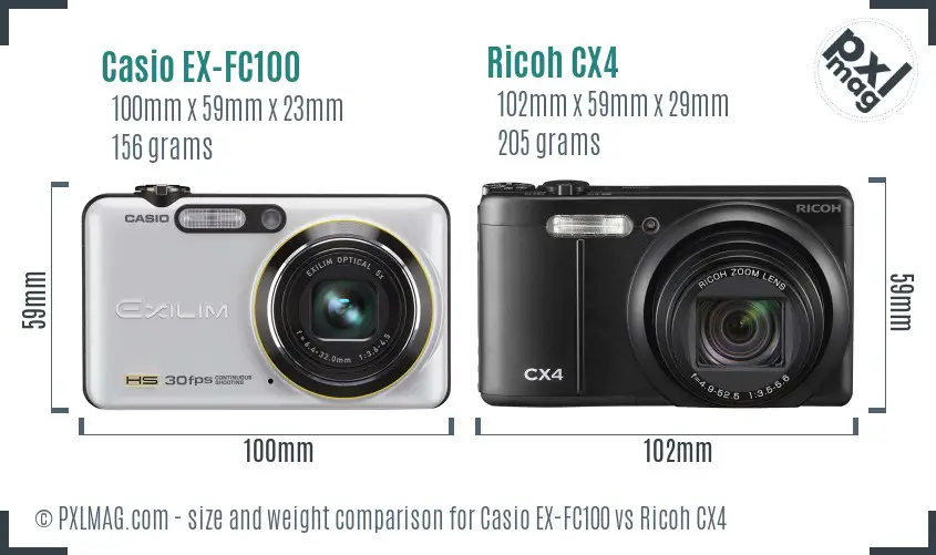 Casio EX-FC100 vs Ricoh CX4 size comparison