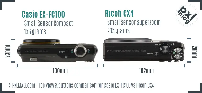 Casio EX-FC100 vs Ricoh CX4 top view buttons comparison