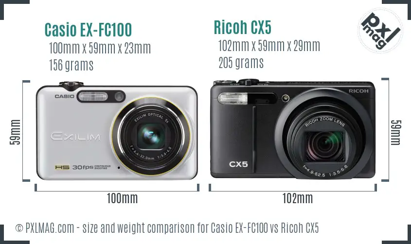 Casio EX-FC100 vs Ricoh CX5 size comparison
