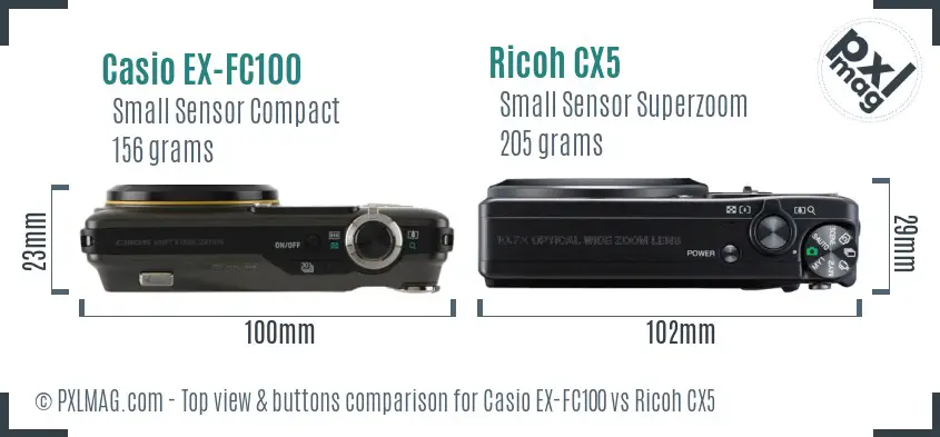Casio EX-FC100 vs Ricoh CX5 top view buttons comparison