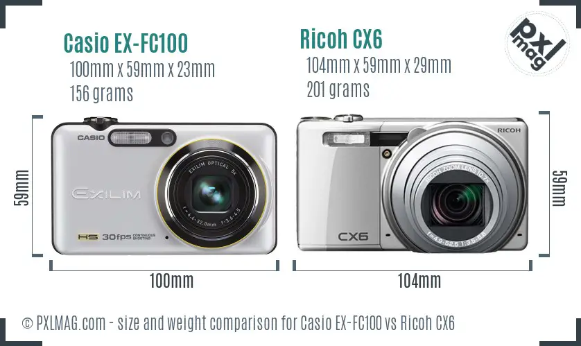 Casio EX-FC100 vs Ricoh CX6 size comparison