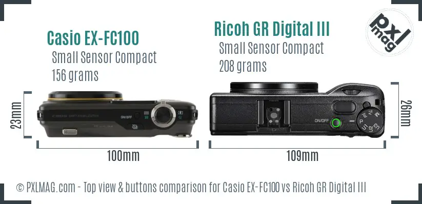 Casio EX-FC100 vs Ricoh GR Digital III top view buttons comparison