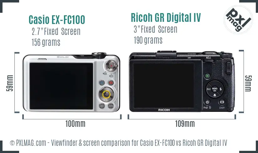 Casio EX-FC100 vs Ricoh GR Digital IV Screen and Viewfinder comparison