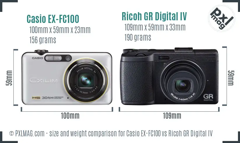 Casio EX-FC100 vs Ricoh GR Digital IV size comparison