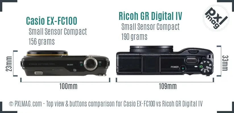 Casio EX-FC100 vs Ricoh GR Digital IV top view buttons comparison