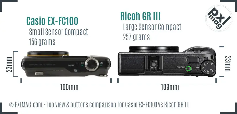 Casio EX-FC100 vs Ricoh GR III top view buttons comparison Casio EX-FC100 vs Ricoh GR III top view buttons comparison