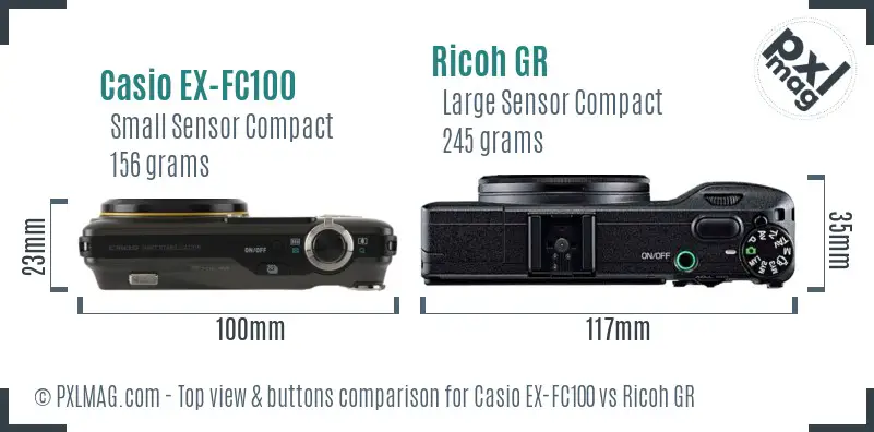Casio EX-FC100 vs Ricoh GR top view buttons comparison Casio EX-FC100 vs Ricoh GR top view buttons comparison