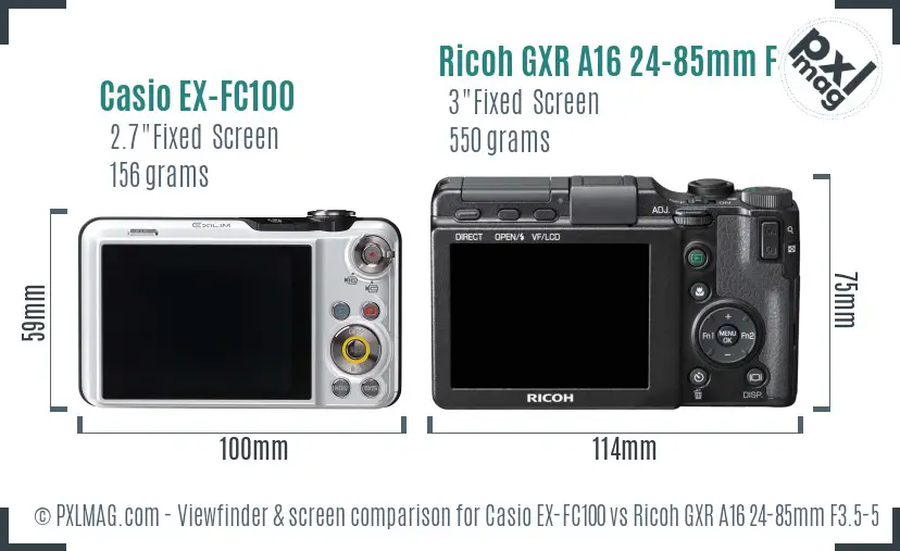 Casio EX-FC100 vs Ricoh GXR A16 24-85mm F3.5-5.5 Screen and Viewfinder comparison