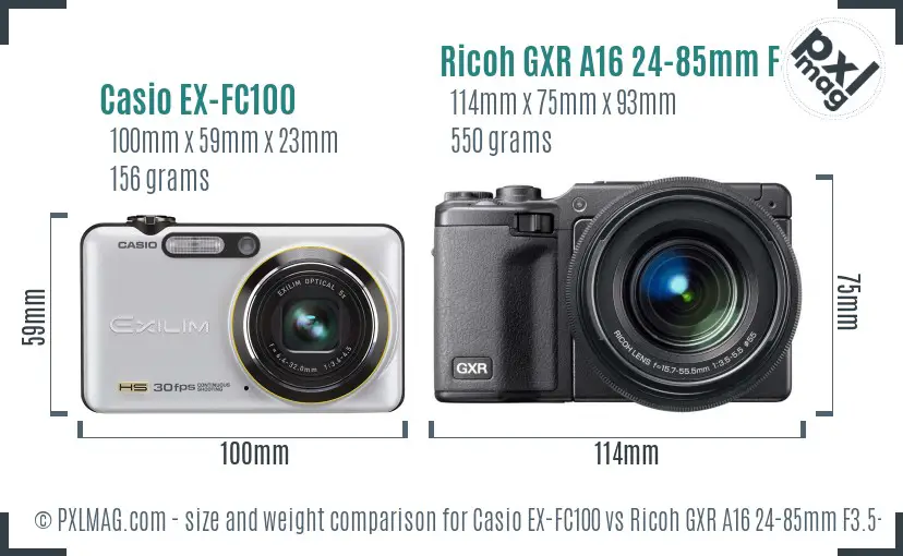 Casio EX-FC100 vs Ricoh GXR A16 24-85mm F3.5-5.5 size comparison