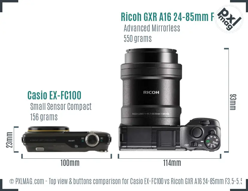 Casio EX-FC100 vs Ricoh GXR A16 24-85mm F3.5-5.5 top view buttons comparison