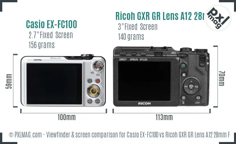 Casio EX-FC100 vs Ricoh GXR GR Lens A12 28mm F2.5 Screen and Viewfinder comparison